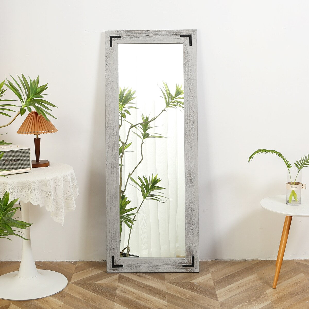 Miroir de sol rustique de style ferme avec cadre en bois - 65 x 24