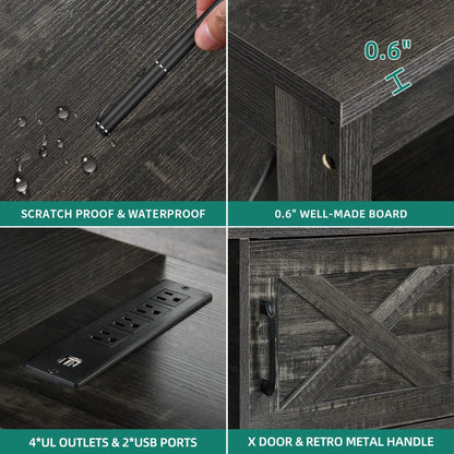 Meuble TV Farmhouse pouvant accueillir jusqu'à 65 téléviseurs avec portes et étagères ouvertes Console multimédia Prise de courant