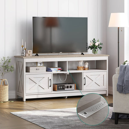 Meuble TV Farmhouse pouvant accueillir jusqu'à 65 téléviseurs avec portes et étagères ouvertes Console multimédia Prise de courant