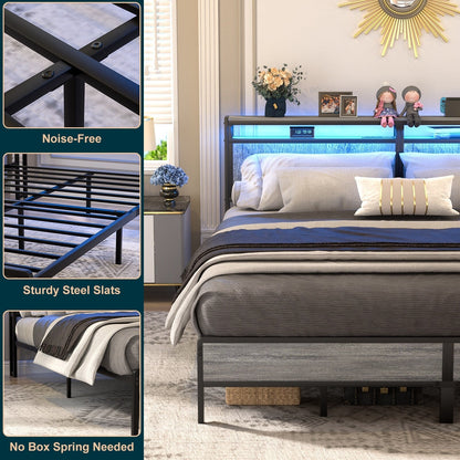 Cadre de lit plateforme en bois de style ferme avec station de charge et lumières LED