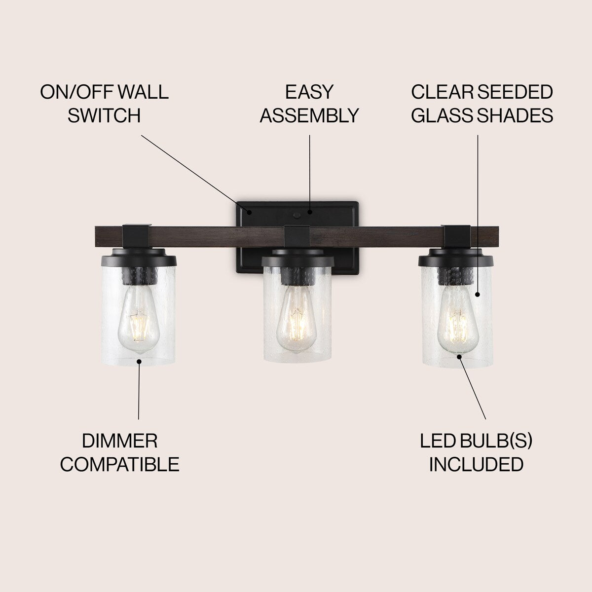 Applique murale rustique à LED en fer et verre grainé, par JONATHAN Y