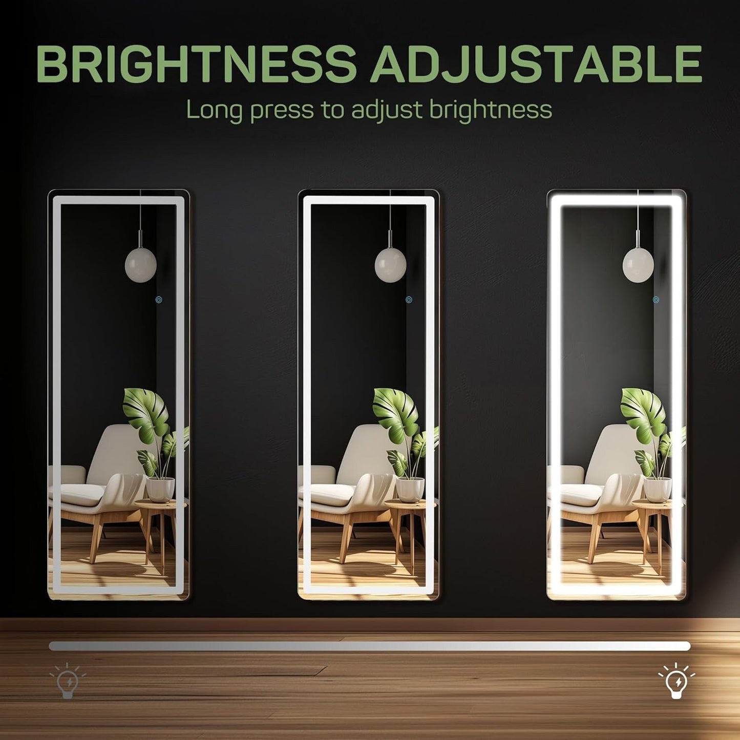 Miroir de sol avec éclairage LED, miroir pleine longueur 64 x 21 avec support, miroir suspendu, miroir mural, miroir intégral