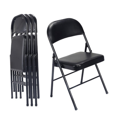 Lot de 4 chaises pliantes noires avec assise rembourrée en cuir.