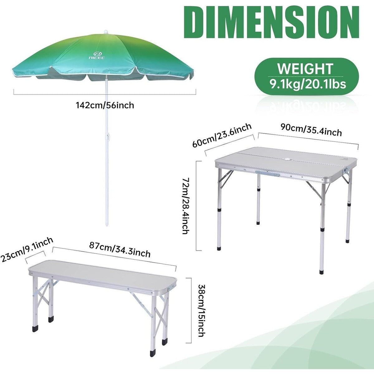 Table de pique-nique pliante et parasol pour camping, jardin, terrasse, fête sur la pelouse – Blanc avec parasol