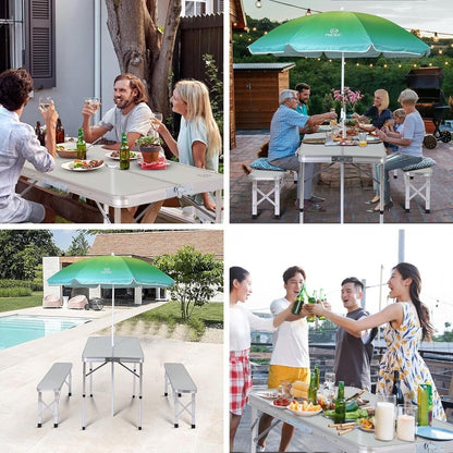 Table de pique-nique pliante et parasol pour camping, jardin, terrasse, fête sur la pelouse – Blanc avec parasol