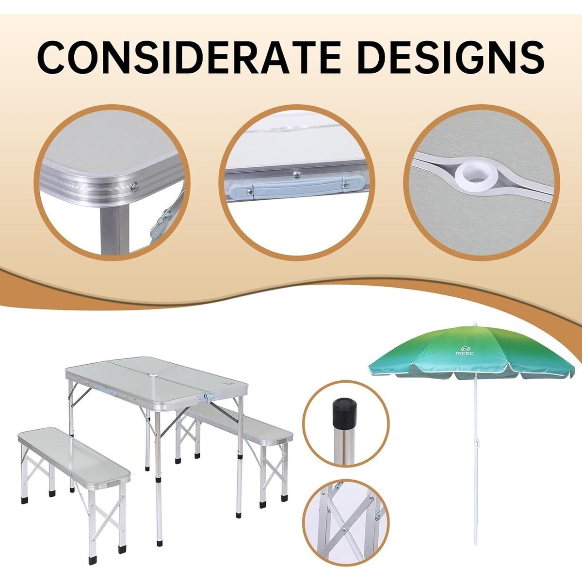 Table de pique-nique pliante et parasol pour camping, jardin, terrasse, fête sur la pelouse – Blanc avec parasol