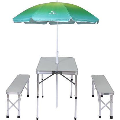 Table de pique-nique pliante et parasol pour camping, jardin, terrasse, fête sur la pelouse – Blanc avec parasol