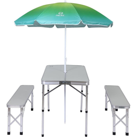 Table de pique-nique pliante et parasol pour camping, jardin, terrasse, fête sur la pelouse – Blanc avec parasol