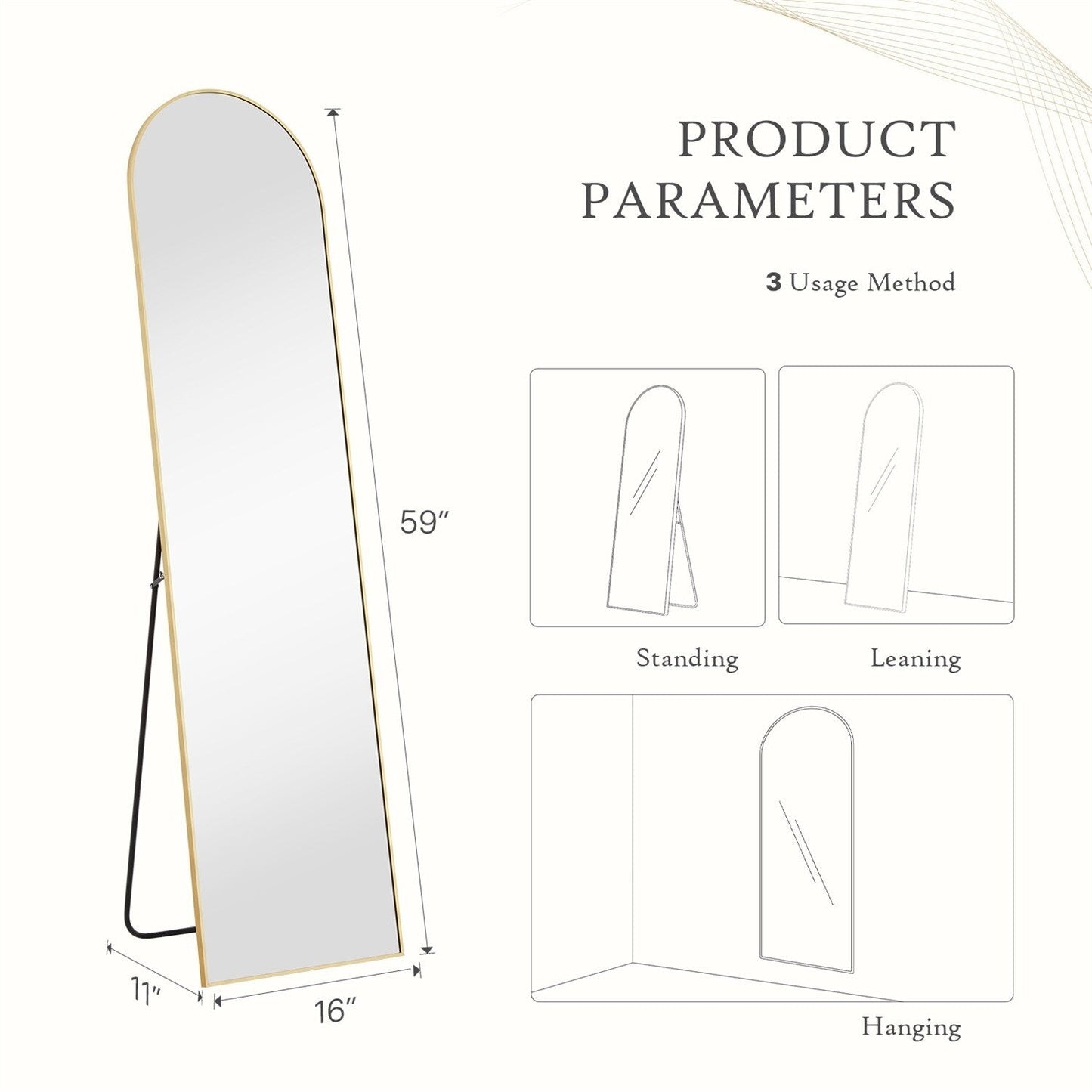 Miroir pleine longueur avec support, miroir de sol avec cadre en alliage d'aluminium pour chambre à coucher, miroir mural sur pied pour vestiaire
