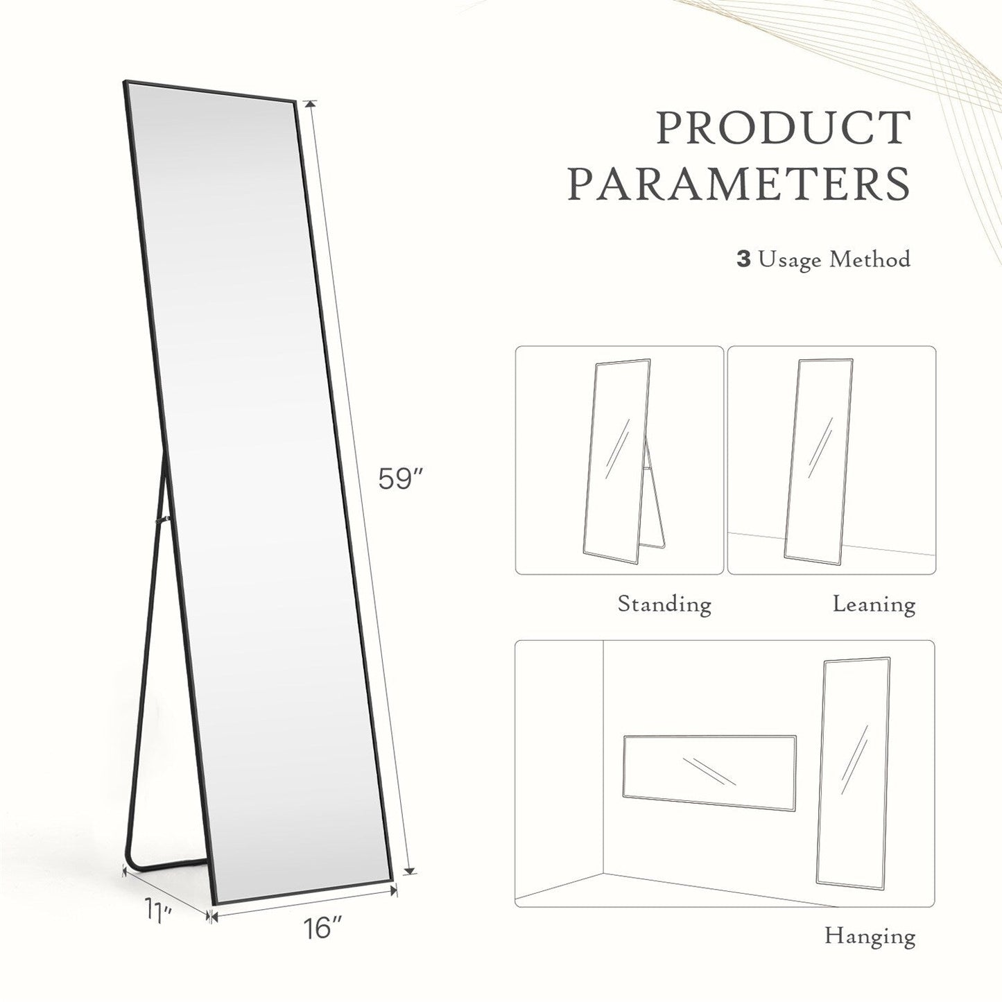 Miroir pleine longueur avec support, miroir de sol avec cadre en alliage d'aluminium pour chambre à coucher, miroir mural sur pied pour vestiaire