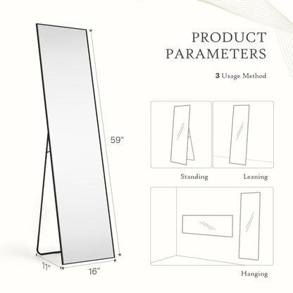Miroir pleine longueur avec support, miroir de sol avec cadre en alliage d'aluminium pour chambre à coucher, miroir mural sur pied pour vestiaire