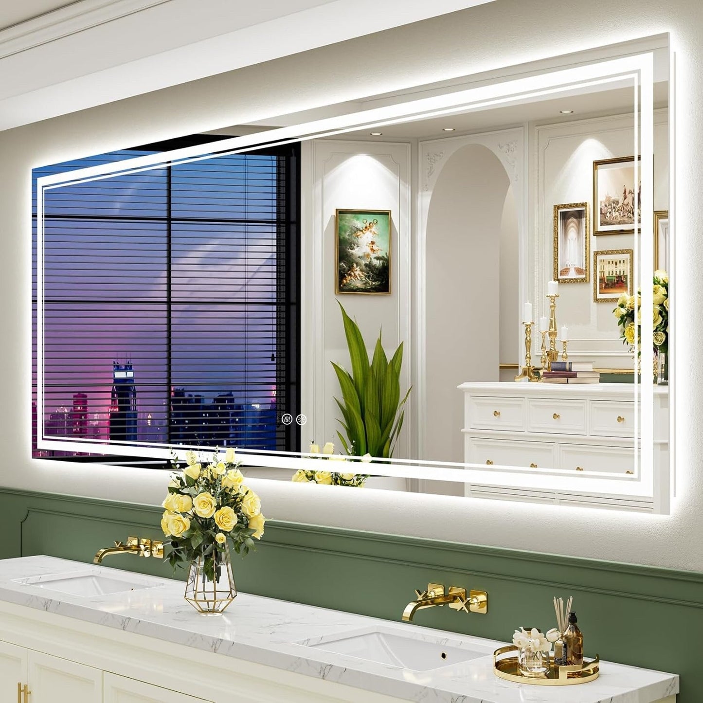 Miroir de salle de bain mural en verre trempé antibuée avec éclairage LED avant et arrière pleine grandeur