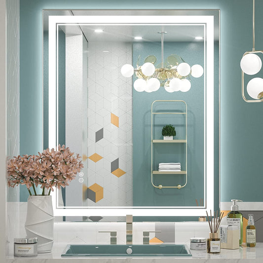 Miroir de salle de bain mural en verre trempé antibuée avec éclairage LED avant et arrière pleine grandeur