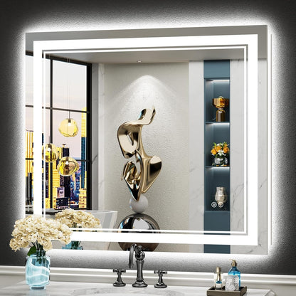 Miroir de salle de bain mural en verre trempé antibuée avec éclairage LED avant et arrière pleine grandeur