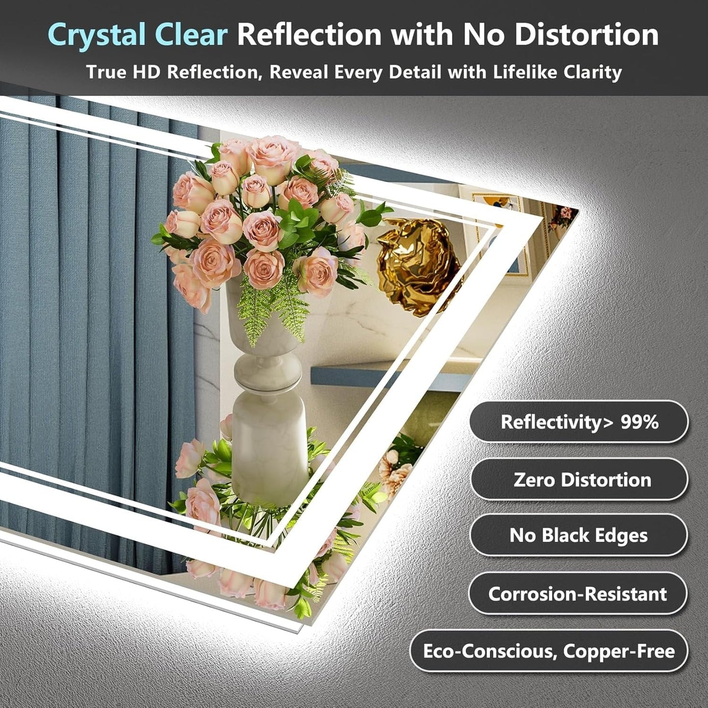 Miroir de salle de bain mural en verre trempé antibuée avec éclairage LED avant et arrière pleine grandeur