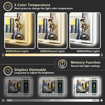 Miroir de salle de bain mural en verre trempé antibuée avec éclairage LED avant et arrière pleine grandeur