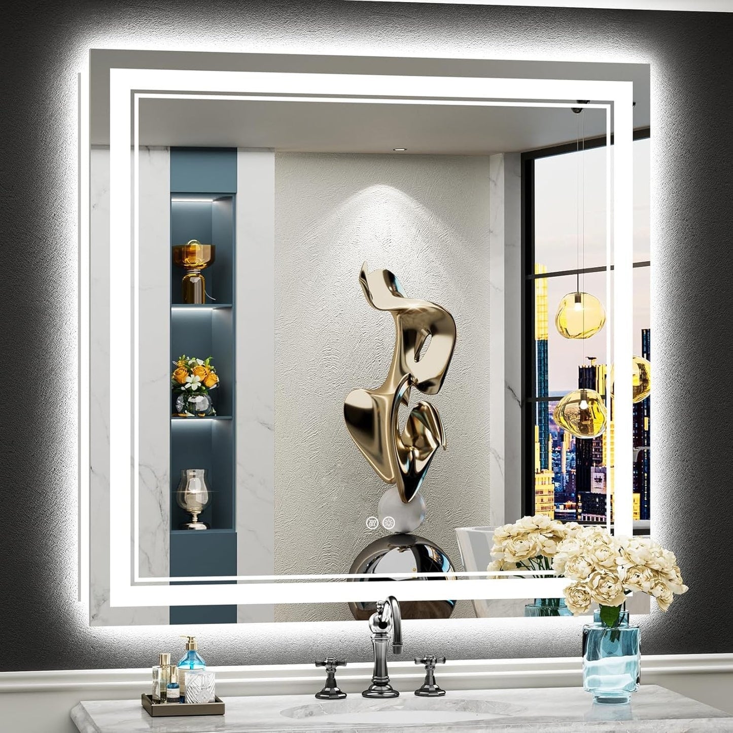 Miroir de salle de bain mural en verre trempé antibuée avec éclairage LED avant et arrière pleine grandeur