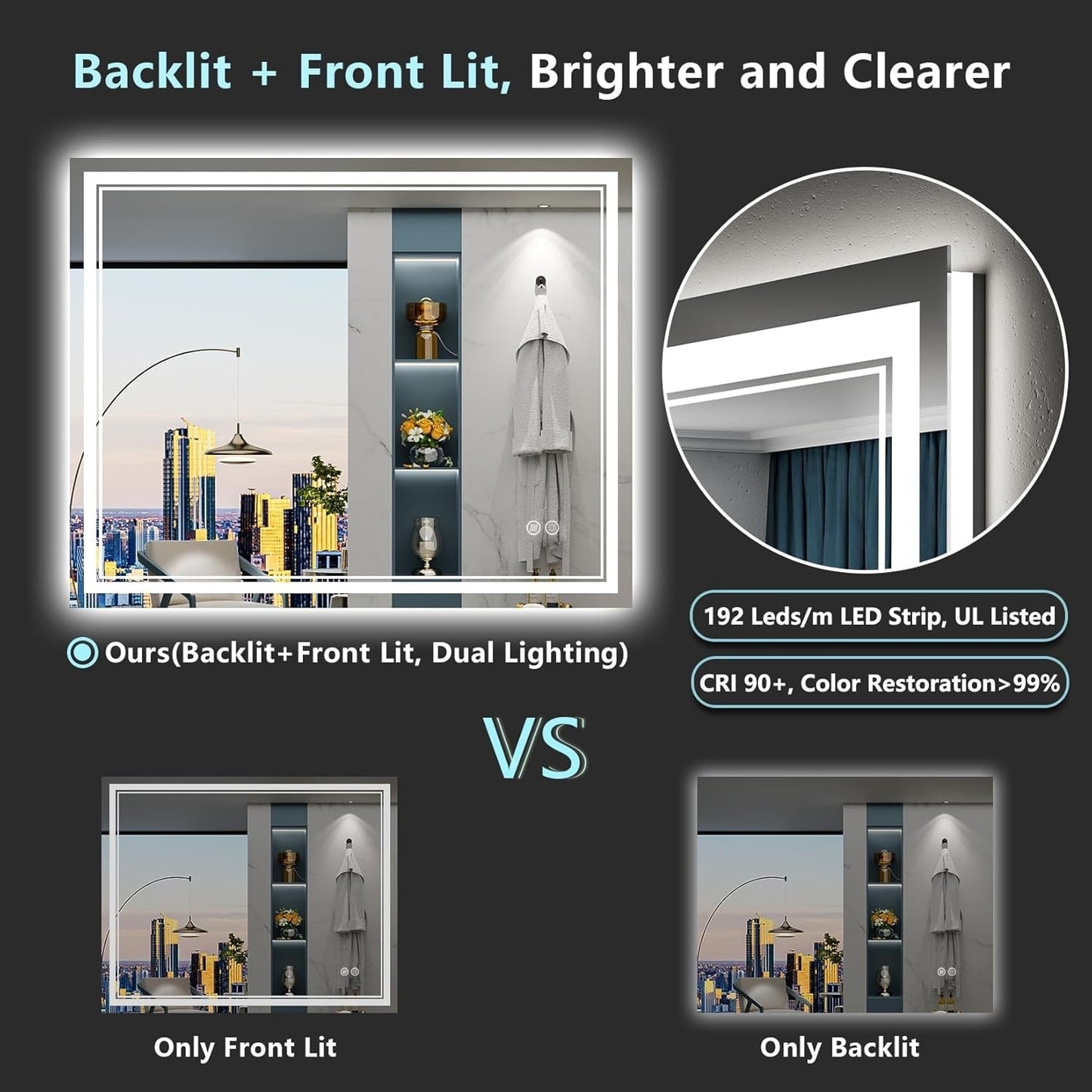 Miroir de salle de bain mural en verre trempé antibuée avec éclairage LED avant et arrière pleine grandeur