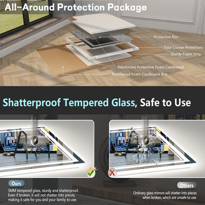 Miroir de salle de bain mural en verre trempé antibuée avec éclairage LED avant et arrière pleine grandeur