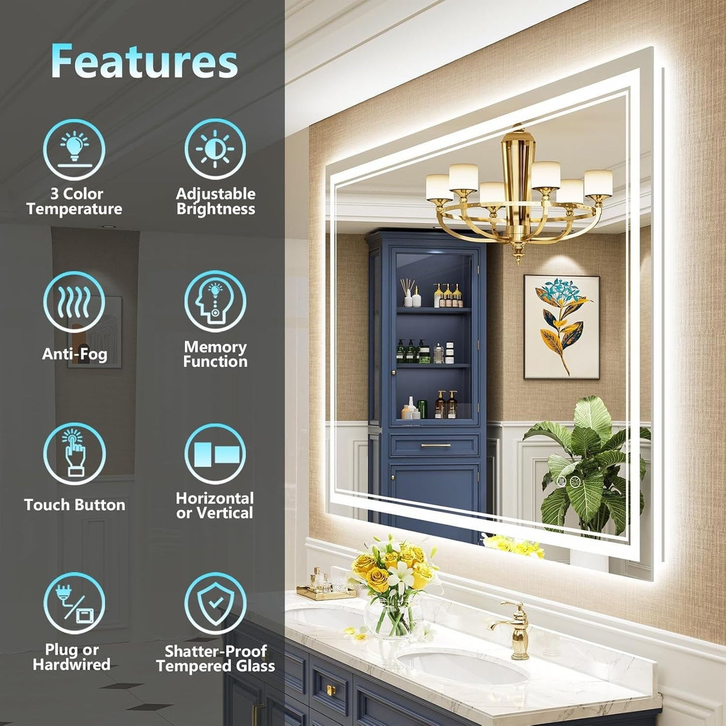 Miroir de salle de bain mural en verre trempé antibuée avec éclairage LED avant et arrière pleine grandeur