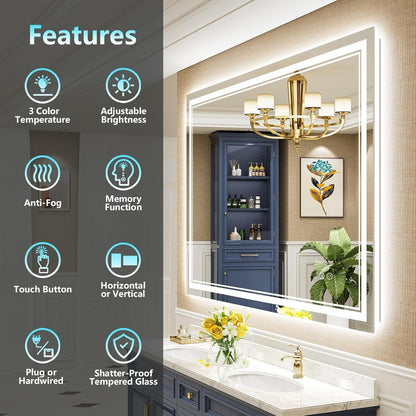 Miroir de salle de bain mural en verre trempé antibuée avec éclairage LED avant et arrière pleine grandeur