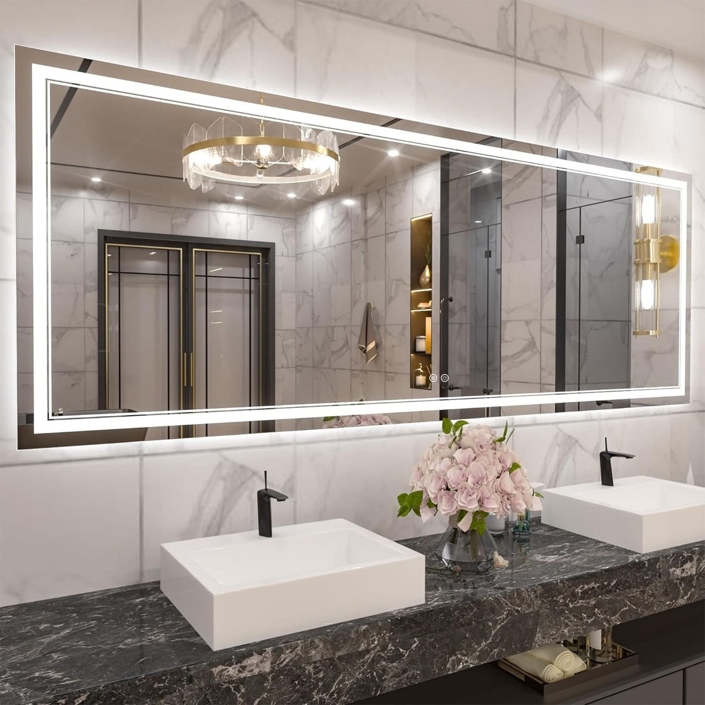 Miroir de salle de bain mural en verre trempé antibuée avec éclairage LED avant et arrière pleine grandeur