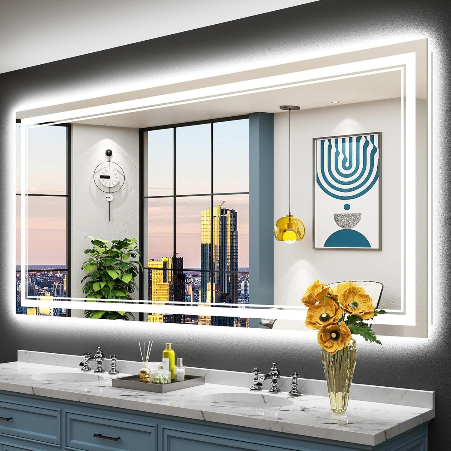 Miroir de salle de bain mural en verre trempé antibuée avec éclairage LED avant et arrière pleine grandeur