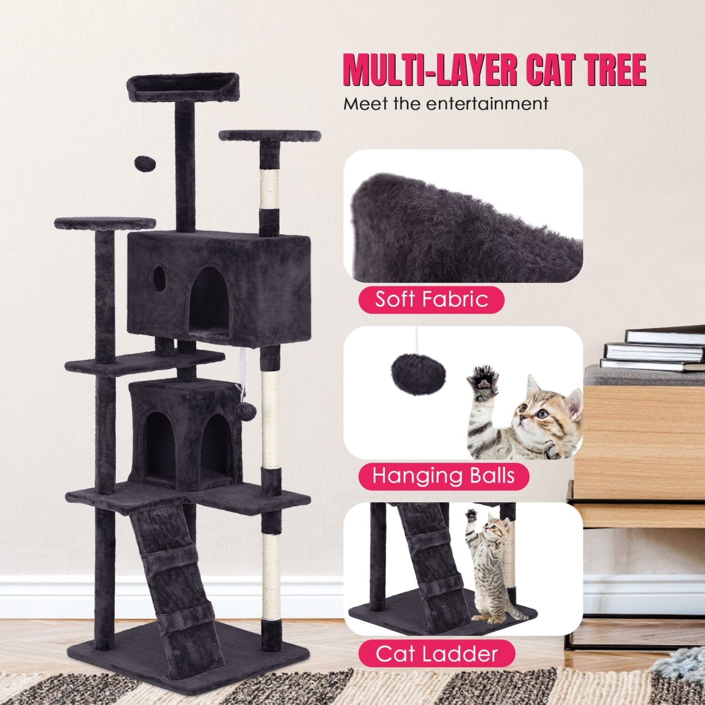 Arbre à chat Furniture of America à plusieurs niveaux avec échelle, plateformes et niches