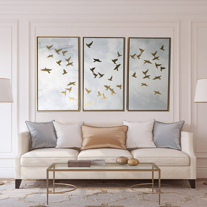 Ensemble de 3 impressions sur toile encadrée dorée « Golden Birds »