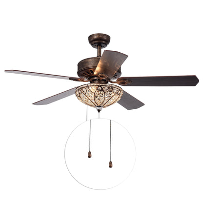 Ventilateur de plafond éclairé à 5 pales en bronze rustique Gliska avec abat-jour en cristal
