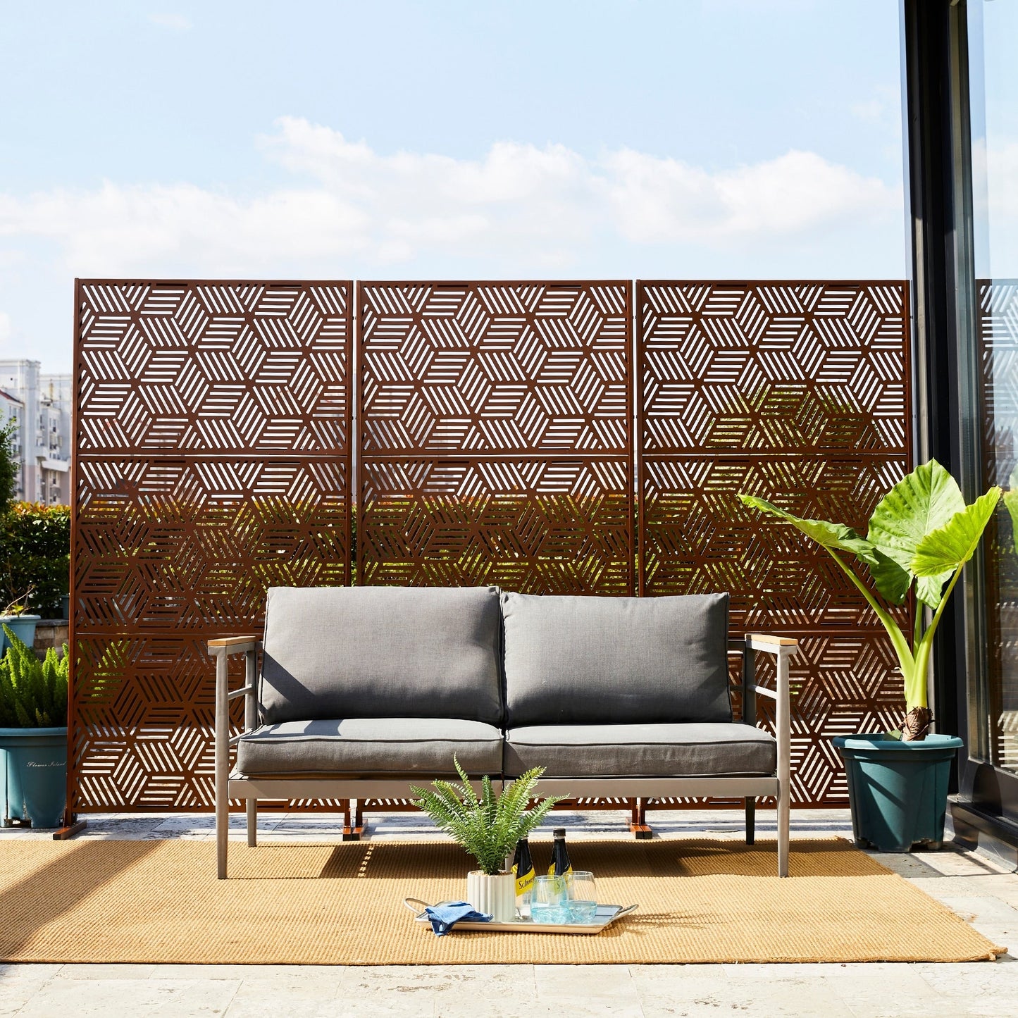 Paravent de confidentialité à 3 panneaux galvanisé à motifs floraux de 1,8 m de Glitzhome