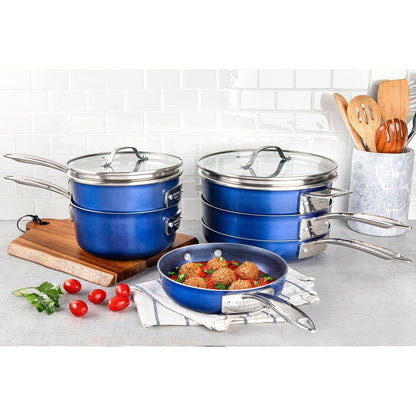 Batterie de cuisine antiadhésive Granitestone Blue Stackmaster 15 pièces avec couvercles en verre