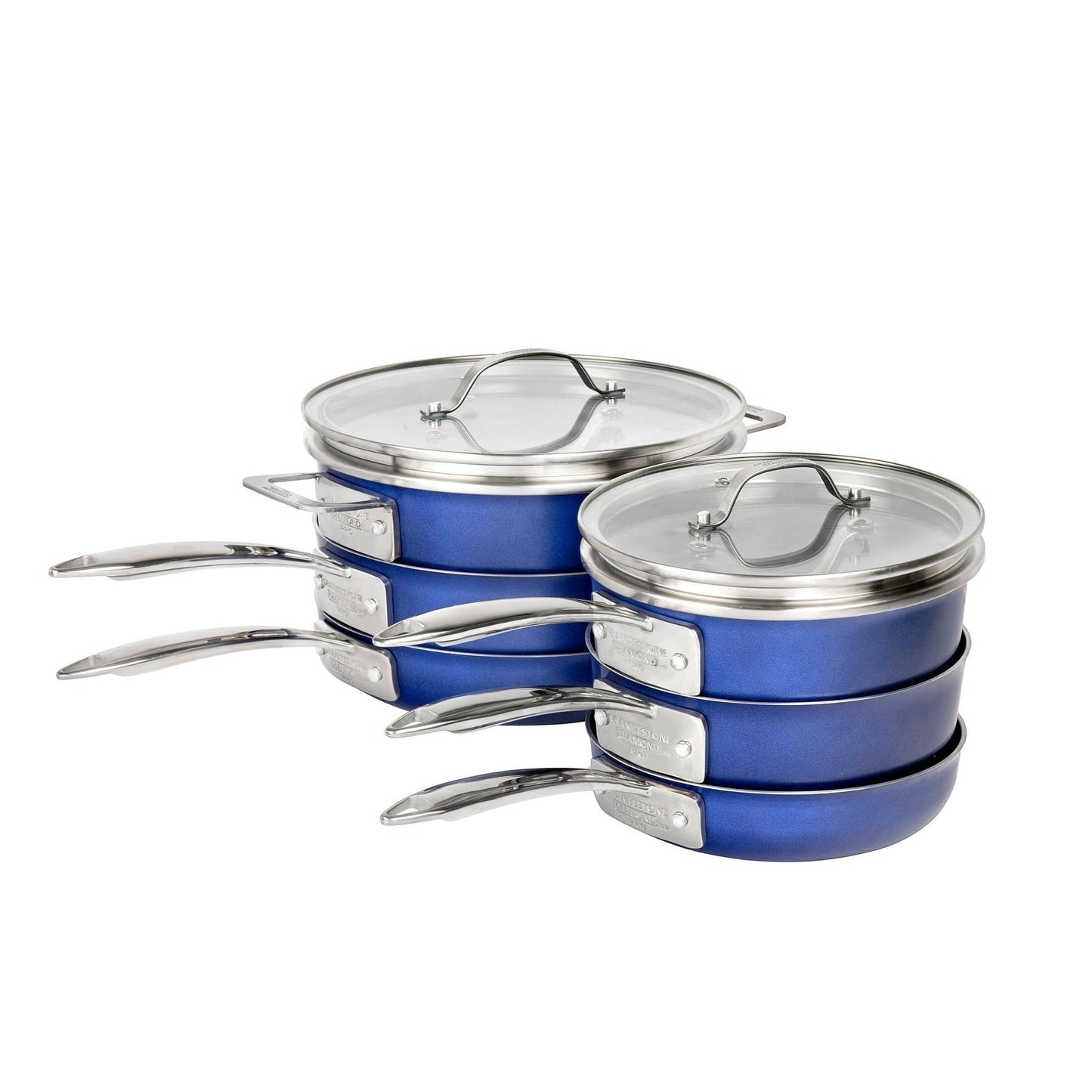 Batterie de cuisine antiadhésive Granitestone Blue Stackmaster 15 pièces avec couvercles en verre