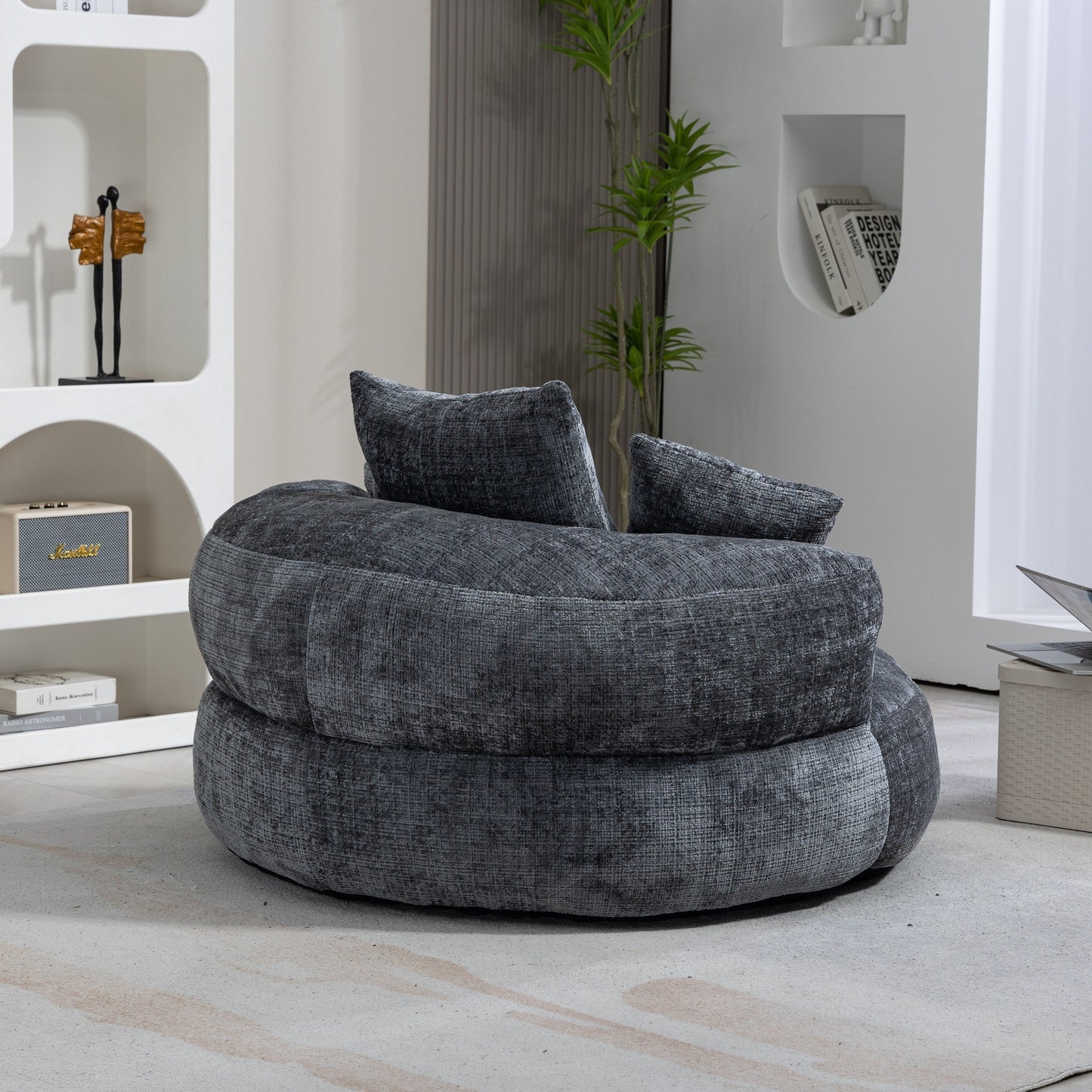 Canapé poire gris surdimensionné en chenille de 42,52 pouces avec trois oreillers pour chambre à coucher