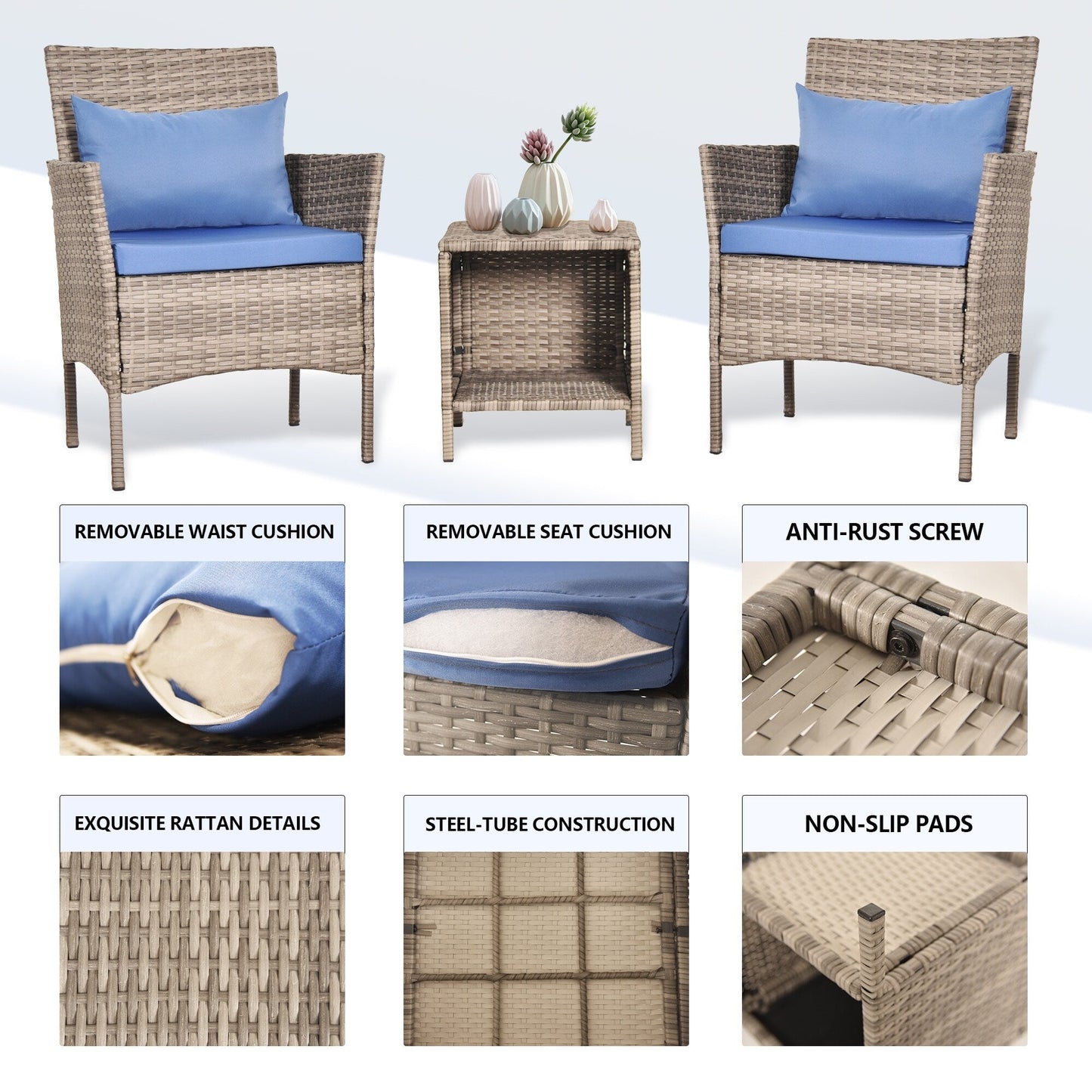 Ensemble de bistrot de conversation 3 pièces pour patio, meubles de conversation d'extérieur, chaises en osier et table de rangement, ensemble de meubles de balcon pour porche