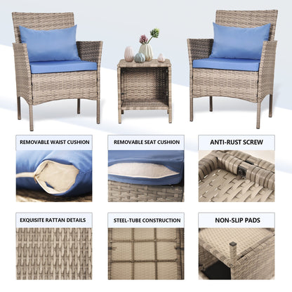 Ensemble de bistrot de conversation 3 pièces pour patio, meubles de conversation d'extérieur, chaises en osier et table de rangement, ensemble de meubles de balcon pour porche