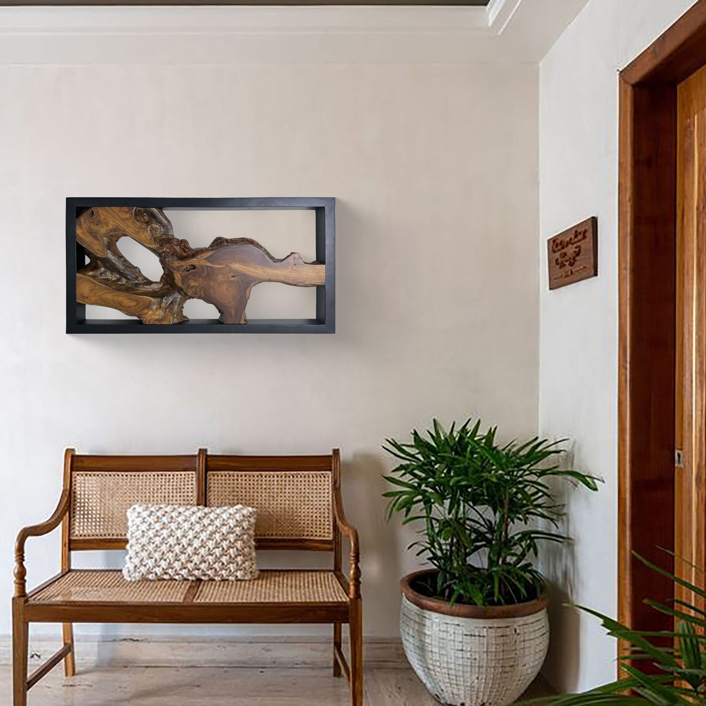 Décoration murale en teck Greenage, sculpture murale abstraite à bords vivants