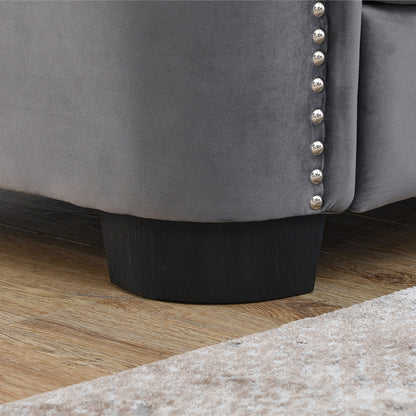 Canapé 2 places moderne en velours gris de 59 po avec dossier capitonné et accoudoirs cloutés