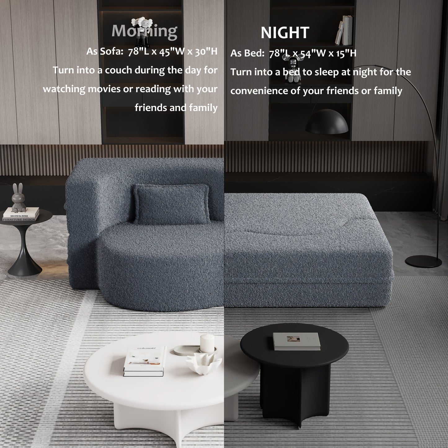 Canapé-lit convertible en tissu Teddy gris 78, garni de mousse, avec 2 oreillers et matelas pliant, pour le salon