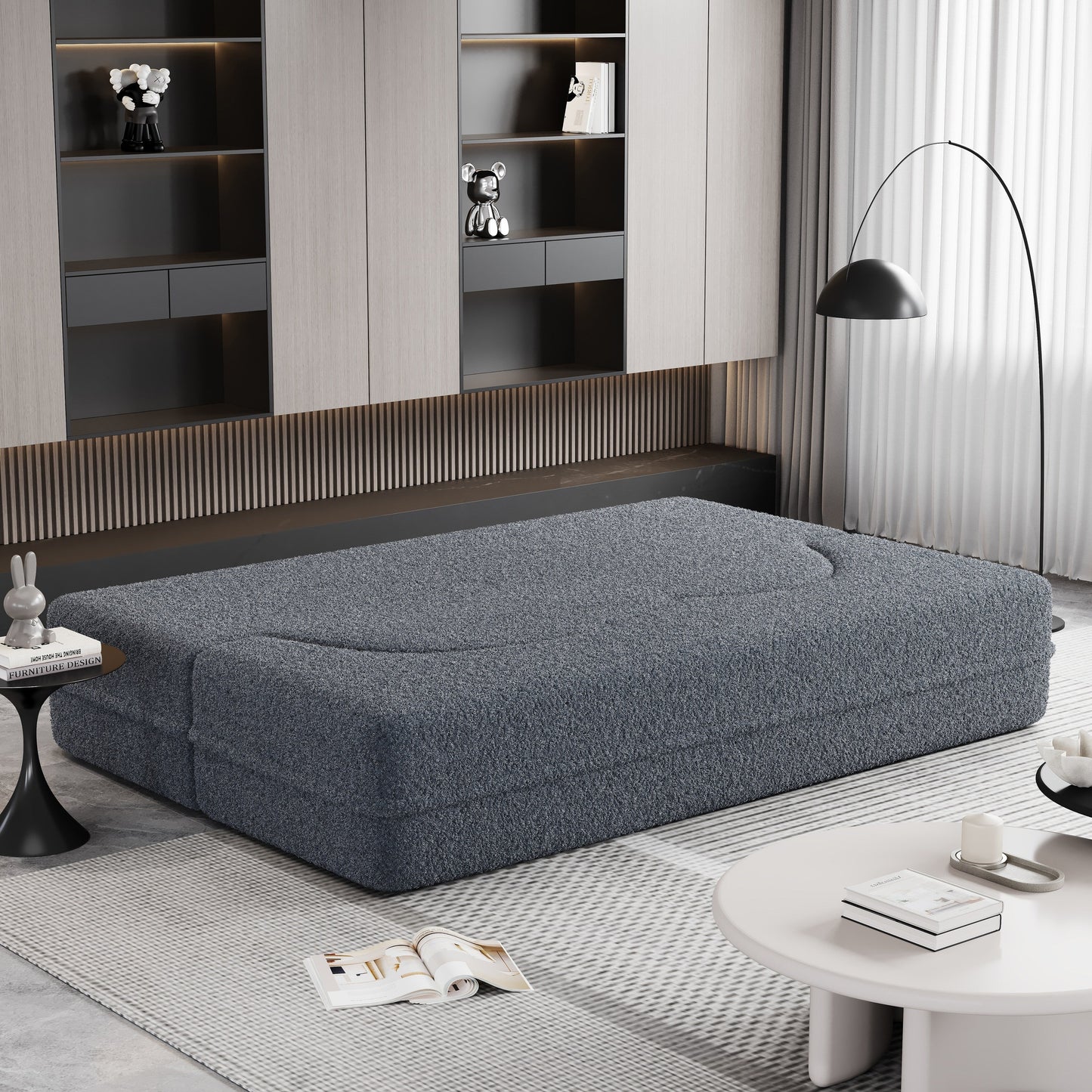 Canapé-lit convertible en tissu Teddy gris 78, garni de mousse, avec 2 oreillers et matelas pliant, pour le salon