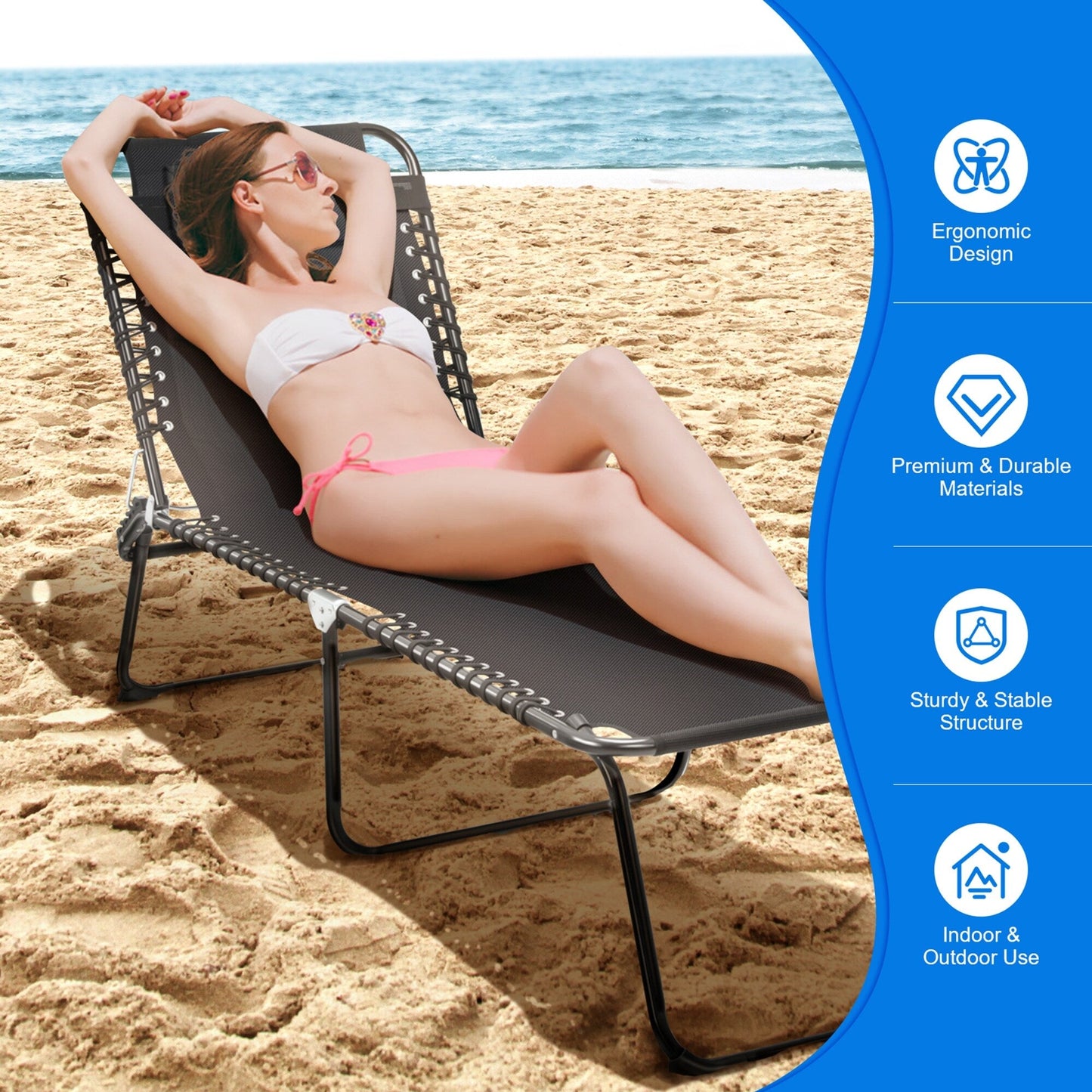 Chaise longue de plage pliante Gymax avec coussin, 4 niveaux