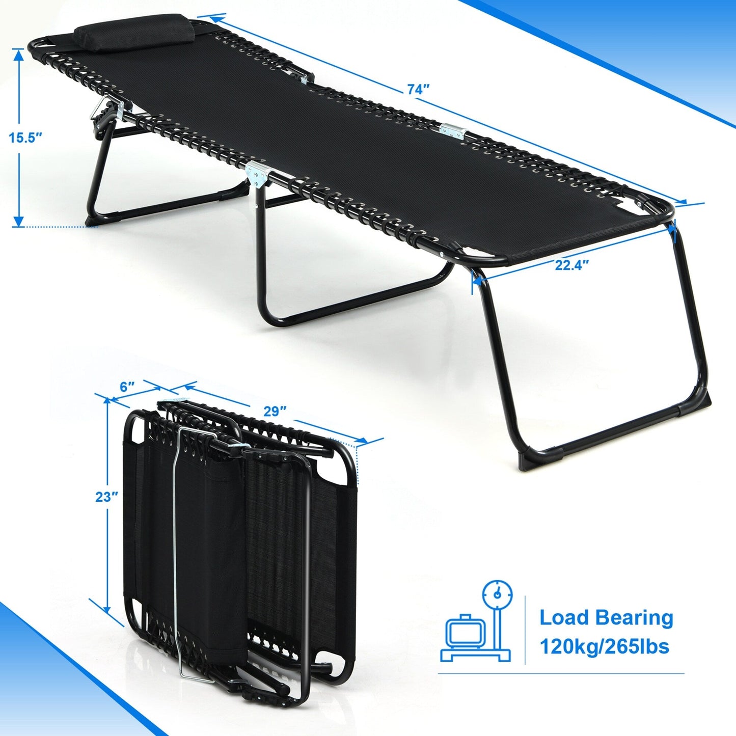 Chaise longue de plage pliante Gymax avec coussin, 4 niveaux