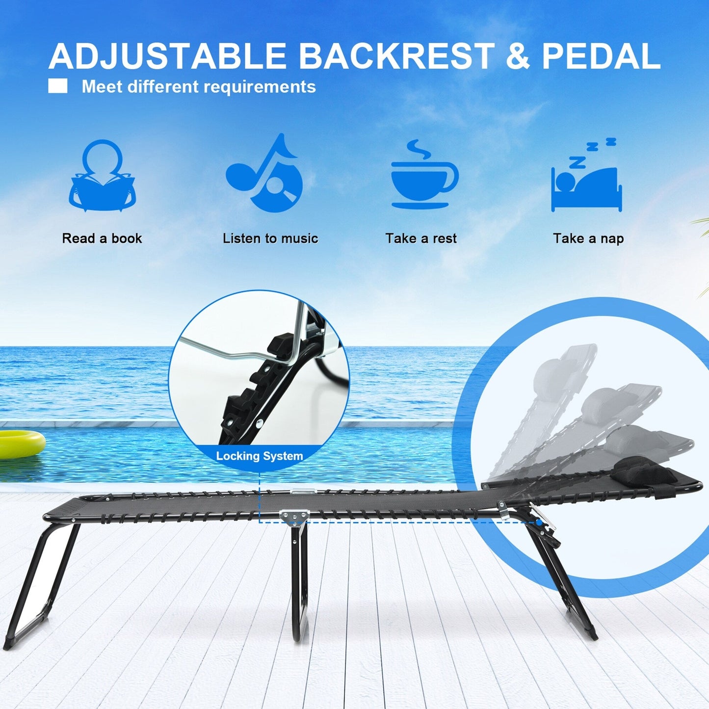 Chaise longue de plage pliante Gymax avec coussin, 4 niveaux