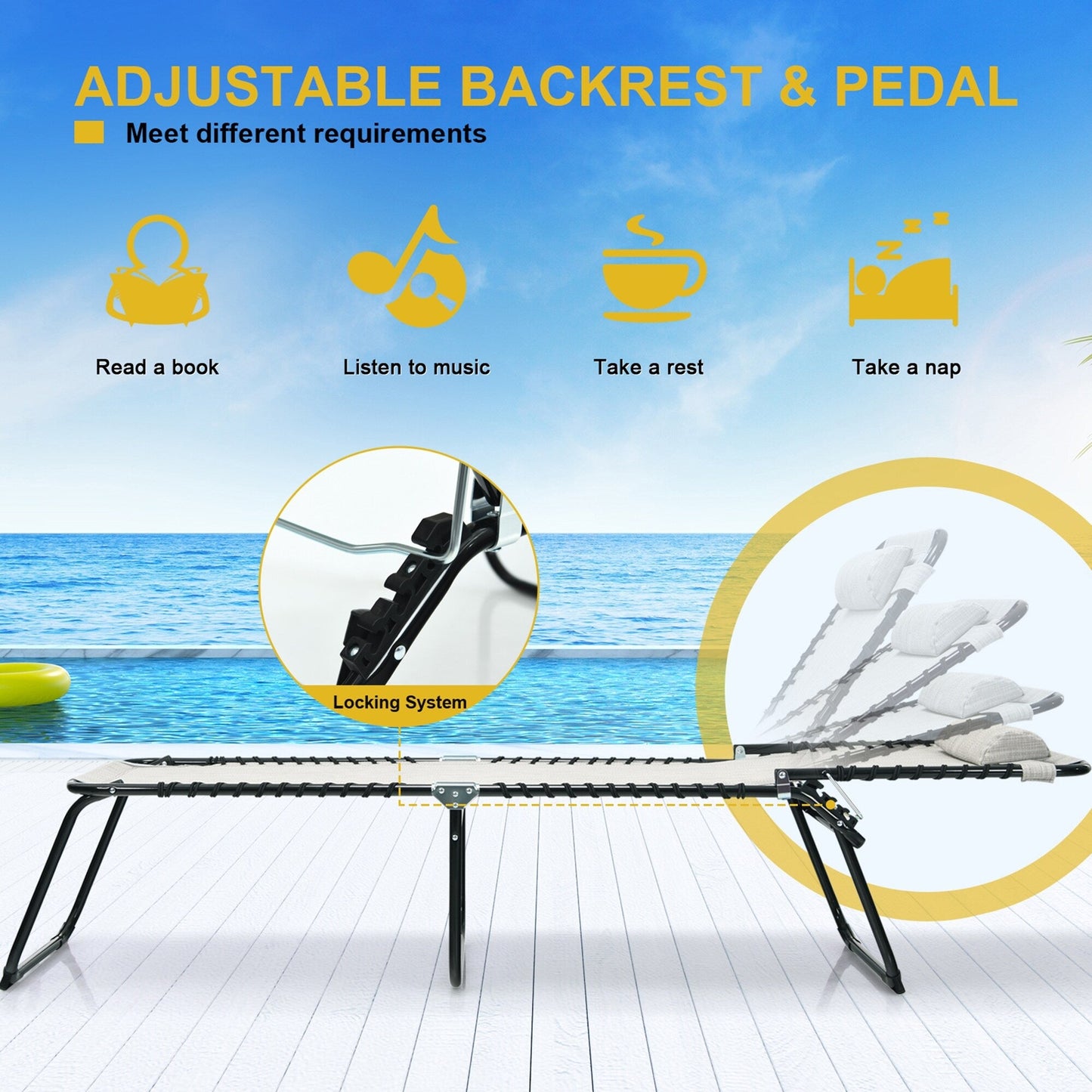 Chaise longue de plage pliante Gymax avec coussin, 4 niveaux