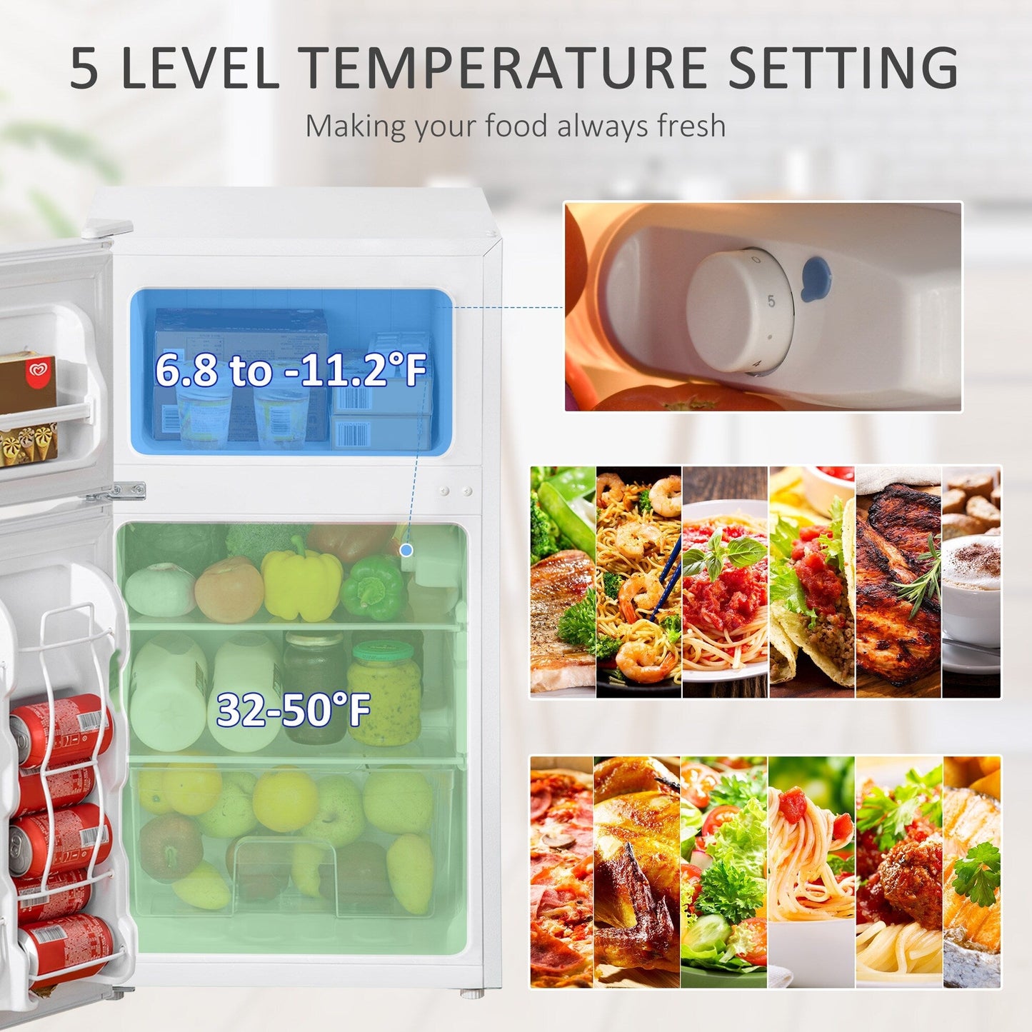 Mini-réfrigérateur HOMCOM à double porte avec congélateur, réfrigérateur compact de 3,2 pi³ avec étagère réglable, thermostat réglable