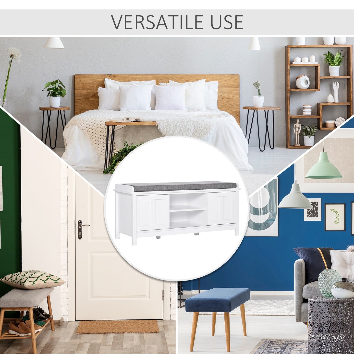 Banc à chaussures d'entrée HOMCOM avec rangement ottoman et étagères réglables, 6 compartiments et siège rembourré, blanc/gris