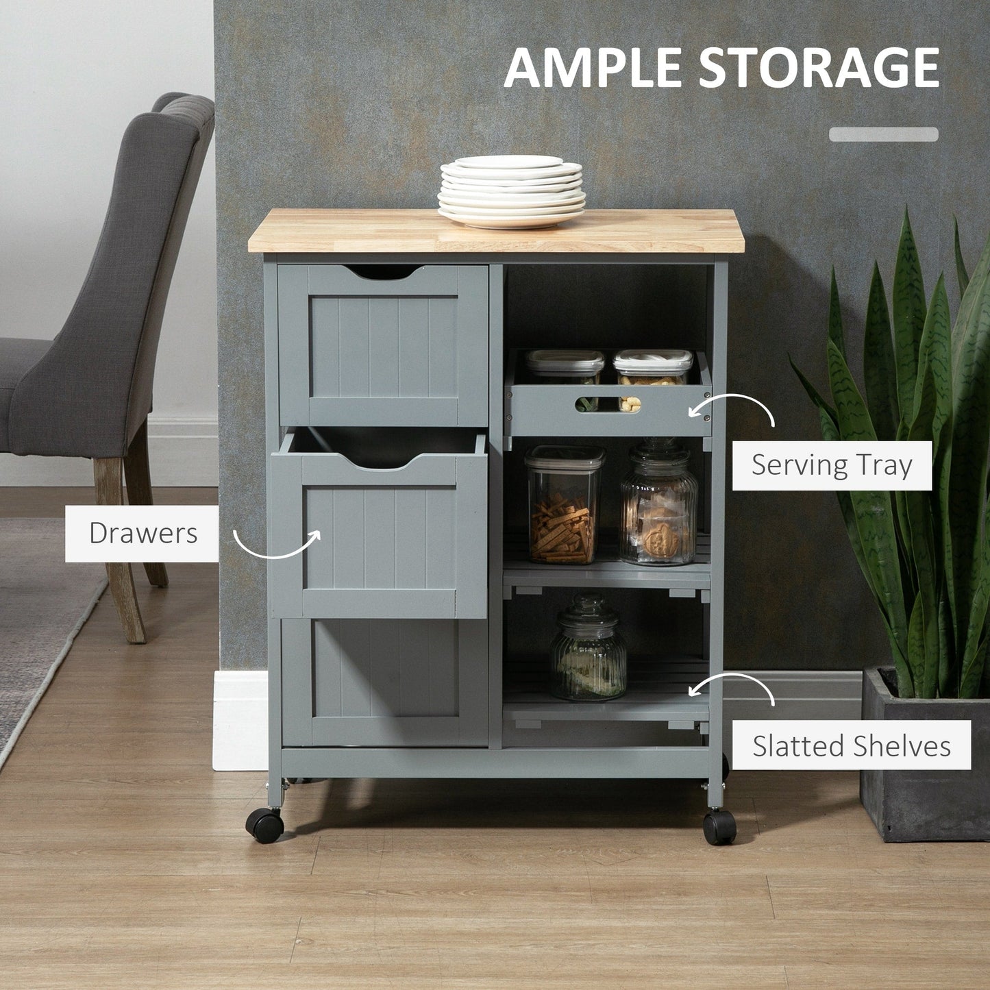 Desserte de cuisine à roulettes HOMCOM, desserte de bar, desserte compacte sur roulettes avec plateau en bois, étagères et tiroirs pour les repas à domicile