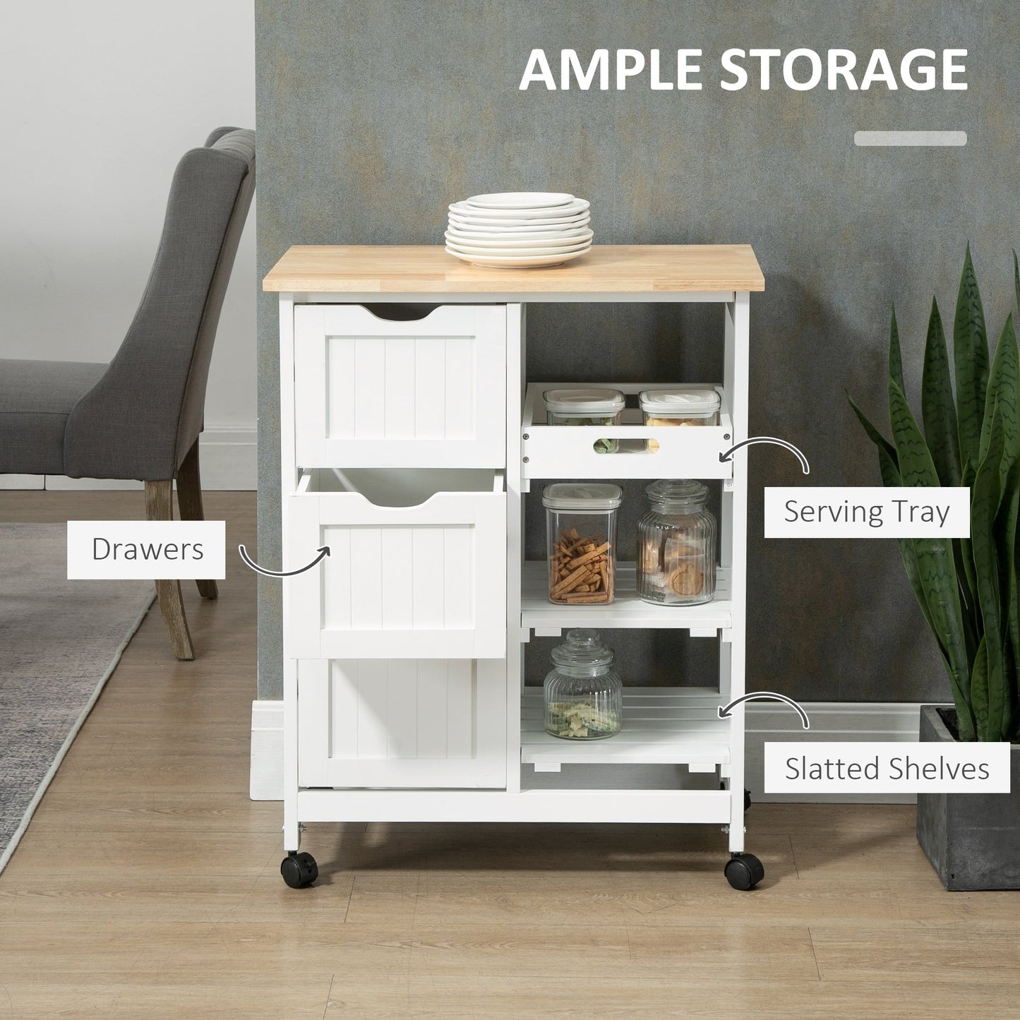 Desserte de cuisine à roulettes HOMCOM, desserte de bar, desserte compacte sur roulettes avec plateau en bois, étagères et tiroirs pour les repas à domicile