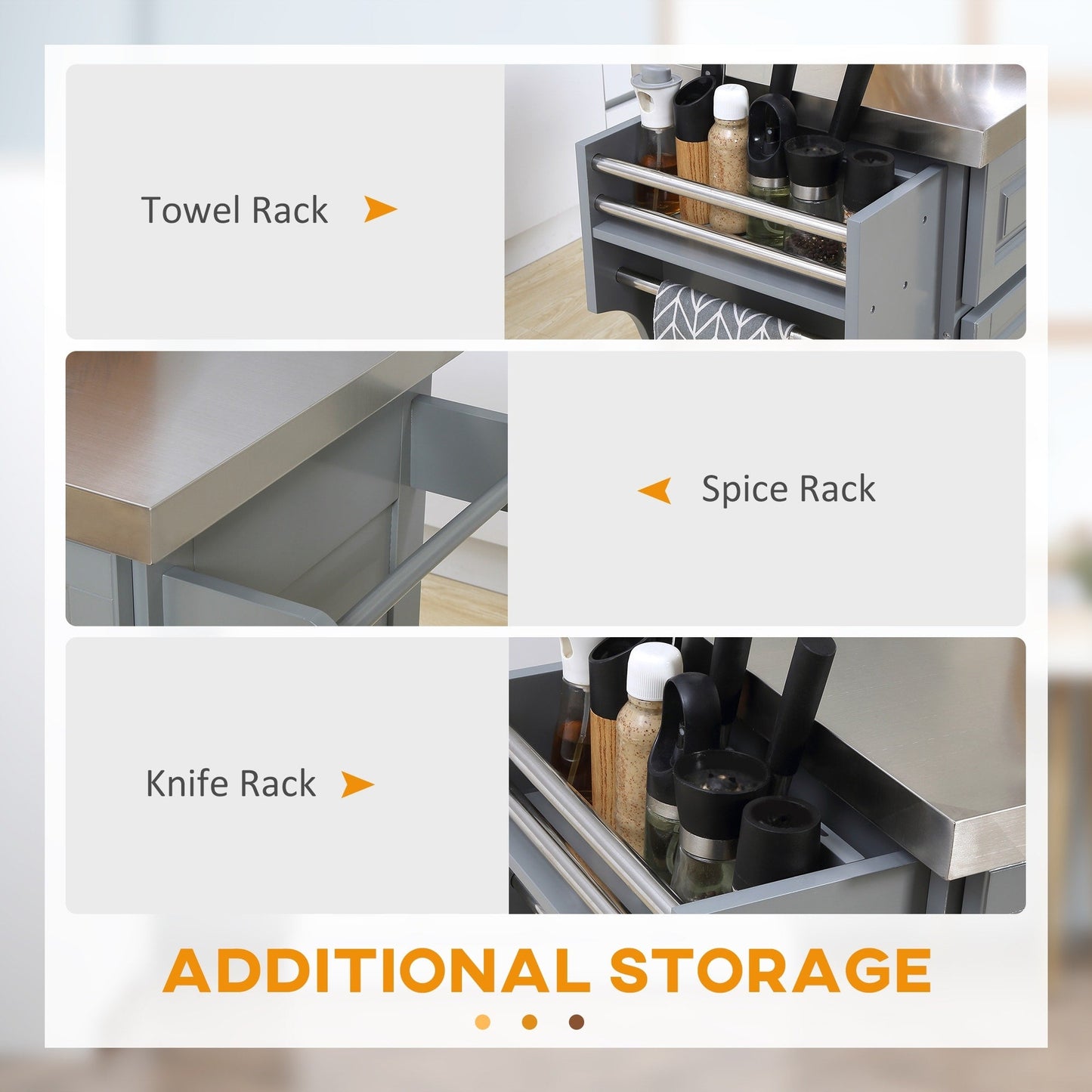 Îlot de cuisine roulant HOMCOM avec rangement, chariot de cuisine portable avec plateau en acier inoxydable, gris - N/A