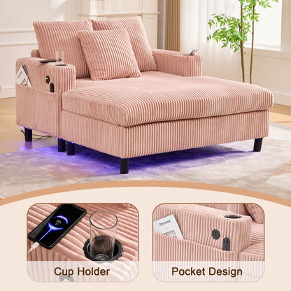 Canapé-lit inclinable surdimensionné HOMEFUN en velours côtelé avec éclairage LED RVB, porte-gobelet, port USB et 3 oreillers